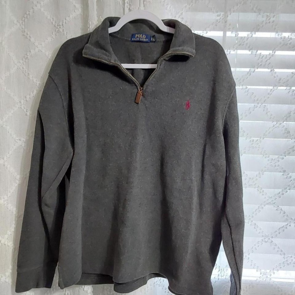 Polo Ralph Lauren Mens Large Quarter Zip Pullover Sweater Gray Red Pony Logo